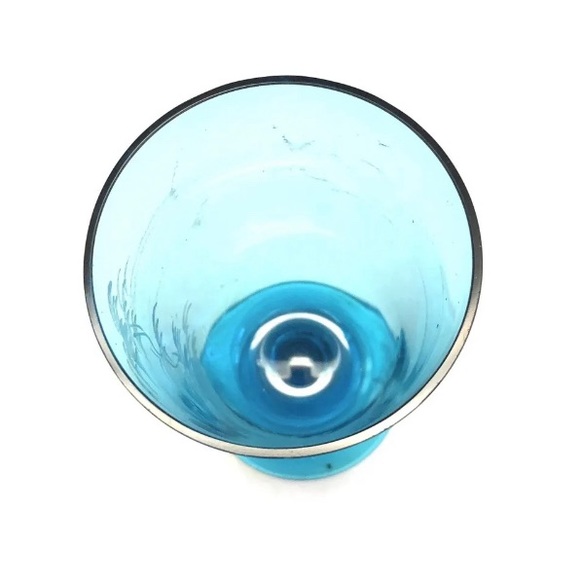 Vintage Hand Painted Glass Azure Blue Stemware Drinking Goblet With Girl - Picture 4 of 6